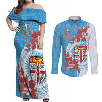 Personalised Fiji Day Couples Matching Off Shoulder Maxi Dress and Long Sleeve Button Shirt Fijian Tapa Pattern Mix Tagimoucia - Blue Version