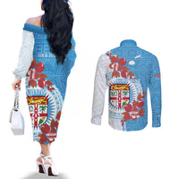 Personalised Fiji Day Couples Matching Off The Shoulder Long Sleeve Dress and Long Sleeve Button Shirt Fijian Tapa Pattern Mix Tagimoucia - Blue Version