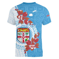 Personalised Fiji Day Women V-Neck T-Shirt Fijian Tapa Pattern Mix Tagimoucia - Blue Version LT14 - Polynesian Pride