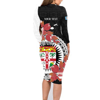 Personalised Fiji Day Family Matching Long Sleeve Bodycon Dress and Hawaiian Shirt Fijian Tapa Pattern Mix Tagimoucia - Black Version
