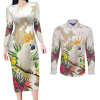 New Zealand Cacatua Galerita Couples Matching Long Sleeve Bodycon Dress and Long Sleeve Button Shirt Aotearoa Cockatoo Tropical Flowers