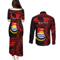 Personalised Kiribati Human Rights Day Couples Matching Puletasi Dress and Long Sleeve Button Shirt Coat Of Arms With Polynesian Tropical Flowers LT14 - Polynesian Pride