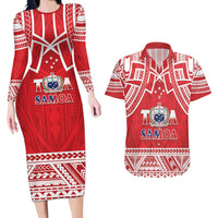 Samoa Rugby Custom Couples Matching Long Sleeve Bodycon Dress and Hawaiian Shirt Toa Samoa Pacific Sporty Red LT14 Red - Polynesian Pride