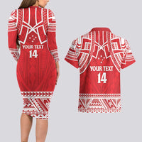 Samoa Rugby Custom Couples Matching Long Sleeve Bodycon Dress and Hawaiian Shirt Toa Samoa Pacific Sporty Red LT14 - Polynesian Pride
