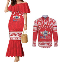 Samoa Rugby Custom Couples Matching Mermaid Dress and Long Sleeve Button Shirt Toa Samoa Pacific Sporty Red - Polynesian Pride