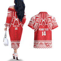 Samoa Rugby Custom Couples Matching Off The Shoulder Long Sleeve Dress and Hawaiian Shirt Toa Samoa Pacific Sporty Red LT14 - Polynesian Pride