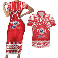 Samoa Rugby Custom Couples Matching Short Sleeve Bodycon Dress and Hawaiian Shirt Toa Samoa Pacific Sporty Red LT14 Red - Polynesian Pride