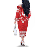 Samoa Rugby Custom Family Matching Off The Shoulder Long Sleeve Dress and Hawaiian Shirt Toa Samoa Pacific Sporty Red LT14 - Polynesian Pride