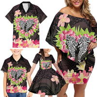 Polynesia Valentine's Day Family Matching Off Shoulder Short Dress and Hawaiian Shirt Hammerhead Shark Plumeria With Polynesian Pattern LT14 - Polynesian Pride