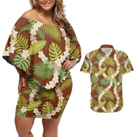Brown Hawaii Plumeria Lei With Tropical Leaves Couples Matching Off Shoulder Short Dress and Hawaiian Shirt