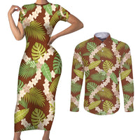 Brown Hawaii Plumeria Lei With Tropical Leaves Couples Matching Short Sleeve Bodycon Dress and Long Sleeve Button Shirt LT14 Brown - Polynesian Pride