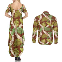 Brown Hawaii Plumeria Lei With Tropical Leaves Couples Matching Summer Maxi Dress and Long Sleeve Button Shirt LT14 - Polynesian Pride