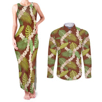 Brown Hawaii Plumeria Lei With Tropical Leaves Couples Matching Tank Maxi Dress and Long Sleeve Button Shirt LT14 Brown - Polynesian Pride