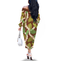 Brown Hawaii Plumeria Lei With Tropical Leaves Family Matching Off The Shoulder Long Sleeve Dress and Hawaiian Shirt