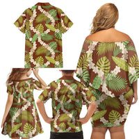 Brown Hawaii Plumeria Lei With Tropical Leaves Family Matching Off Shoulder Short Dress and Hawaiian Shirt LT14 - Polynesian Pride