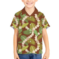 Brown Hawaii Plumeria Lei With Tropical Leaves Family Matching Off Shoulder Short Dress and Hawaiian Shirt LT14 Son's Shirt Brown - Polynesian Pride