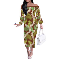 Brown Hawaii Plumeria Lei With Tropical Leaves Off The Shoulder Long Sleeve Dress LT14 Women Brown - Polynesian Pride