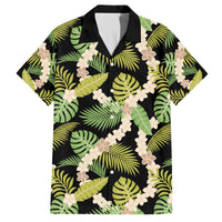Black Hawaii Plumeria Lei With Tropical Leaves Family Matching Off The Shoulder Long Sleeve Dress and Hawaiian Shirt