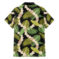 Black Hawaii Plumeria Lei With Tropical Leaves Family Matching Off The Shoulder Long Sleeve Dress and Hawaiian Shirt