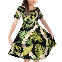 Black Hawaii Plumeria Lei With Tropical Leaves Family Matching Off Shoulder Short Dress and Hawaiian Shirt