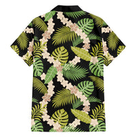 Black Hawaii Plumeria Lei With Tropical Leaves Family Matching Off Shoulder Short Dress and Hawaiian Shirt