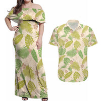 Beige Hawaii Plumeria Lei With Tropical Leaves Couples Matching Off Shoulder Maxi Dress and Hawaiian Shirt
