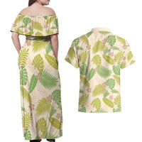 Beige Hawaii Plumeria Lei With Tropical Leaves Couples Matching Off Shoulder Maxi Dress and Hawaiian Shirt