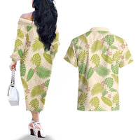 Beige Hawaii Plumeria Lei With Tropical Leaves Couples Matching Off The Shoulder Long Sleeve Dress and Hawaiian Shirt