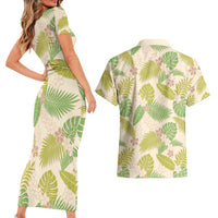 Beige Hawaii Plumeria Lei With Tropical Leaves Couples Matching Short Sleeve Bodycon Dress and Hawaiian Shirt