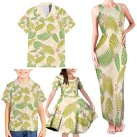 Beige Hawaii Plumeria Lei With Tropical Leaves Family Matching Tank Maxi Dress and Hawaiian Shirt
