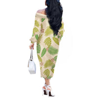 Beige Hawaii Plumeria Lei With Tropical Leaves Off The Shoulder Long Sleeve Dress LT14 - Polynesian Pride