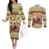 Hawaiian Santa Aloha Pineapple Christmas Couples Matching Off The Shoulder Long Sleeve Dress and Long Sleeve Button Shirt Mele Kalikimaka - Polynesian Pride