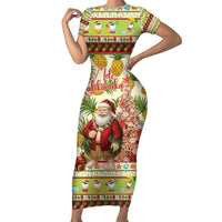 Hawaiian Santa Aloha Pineapple Christmas Family Matching Short Sleeve Bodycon Dress and Hawaiian Shirt Mele Kalikimaka LT15 Mom's Dress Cream - Polynesian Pride