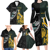 New Zealand and South Africa Rugby Custom Family Matching Long Sleeve Bodycon Dress and Hawaiian Shirt Silver Fern With Springboks LT15 - Polynesian Pride