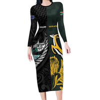 New Zealand and South Africa Rugby Custom Family Matching Long Sleeve Bodycon Dress and Hawaiian Shirt Silver Fern With Springboks LT15 Mom's Dress Black - Polynesian Pride