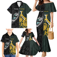 New Zealand and South Africa Rugby Custom Family Matching Mermaid Dress and Hawaiian Shirt Silver Fern With Springboks LT15 - Polynesian Pride