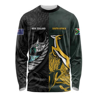 New Zealand and South Africa Rugby Custom Long Sleeve Shirt Silver Fern With Springboks