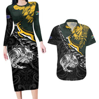New Zealand and South Africa Rugby Personalised Couples Matching Long Sleeve Bodycon Dress and Hawaiian Shirt Maori Kiwi With Springboks LT15 Black - Polynesian Pride
