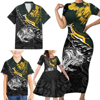 New Zealand and South Africa Rugby Personalised Family Matching Short Sleeve Bodycon Dress and Hawaiian Shirt Maori Kiwi With Springboks LT15 - Polynesian Pride