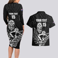 New Zealand Silver Fern Rugby Custom Couples Matching Long Sleeve Bodycon Dress and Hawaiian Shirt Maori Tiki Black Version