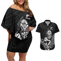 New Zealand Silver Fern Rugby Custom Couples Matching Off Shoulder Short Dress and Hawaiian Shirt Maori Tiki Black Version