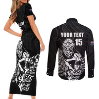 New Zealand Silver Fern Rugby Custom Couples Matching Short Sleeve Bodycon Dress and Long Sleeve Button Shirt Maori Tiki Black Version