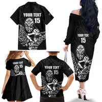 New Zealand Silver Fern Rugby Custom Family Matching Off The Shoulder Long Sleeve Dress and Hawaiian Shirt Maori Tiki Black Version