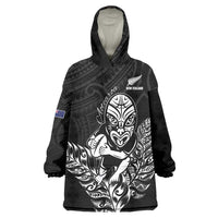 New Zealand Silver Fern Rugby Custom Wearable Blanket Hoodie Maori Tiki Black Version LT15 One Size Black - Polynesian Pride
