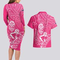 New Zealand Silver Fern Rugby Custom Couples Matching Long Sleeve Bodycon Dress and Hawaiian Shirt Maori Tiki Pink Version