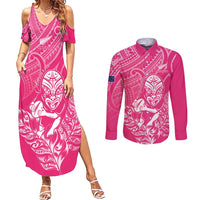 New Zealand Silver Fern Rugby Custom Couples Matching Summer Maxi Dress and Long Sleeve Button Shirt Maori Tiki Pink Version