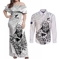 New Zealand Silver Fern Rugby Custom Couples Matching Off Shoulder Maxi Dress and Long Sleeve Button Shirt Maori Tiki White Version LT15 White - Polynesian Pride