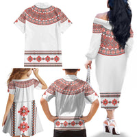 Bulgarian Embroidery Style Seamless Pattern Family Matching Off The Shoulder Long Sleeve Dress and Hawaiian Shirt