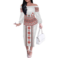 Bulgarian Embroidery Style Seamless Pattern Family Matching Off The Shoulder Long Sleeve Dress and Hawaiian Shirt