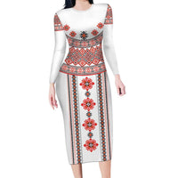 Bulgarian Embroidery Style Seamless Pattern Long Sleeve Bodycon Dress
